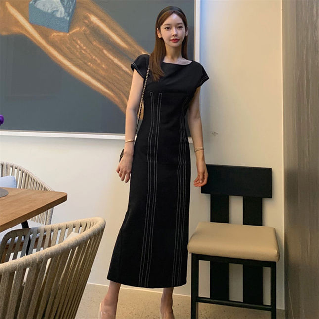 CM-DF070911 Women Elegant Seoul Style Round Neck Slim Waist Stripes Long Dress - Black