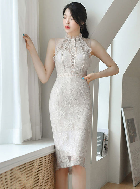 CM-DF070915 Women Elegant Seoul Style Flouncing Off Shoulder Lace Bodycon Dress