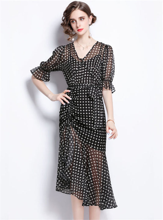 CM-DF071114 Women Elegant European Style V-Neck Puff Sleeve Dots Fishtail Long Dress - Black