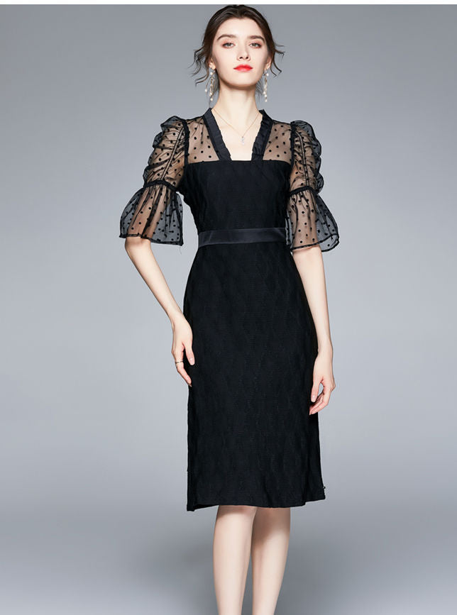 CM-DF071117 Women Retro European Style High Waist Dots Puff Sleeve Splicing Slim Dress - Black