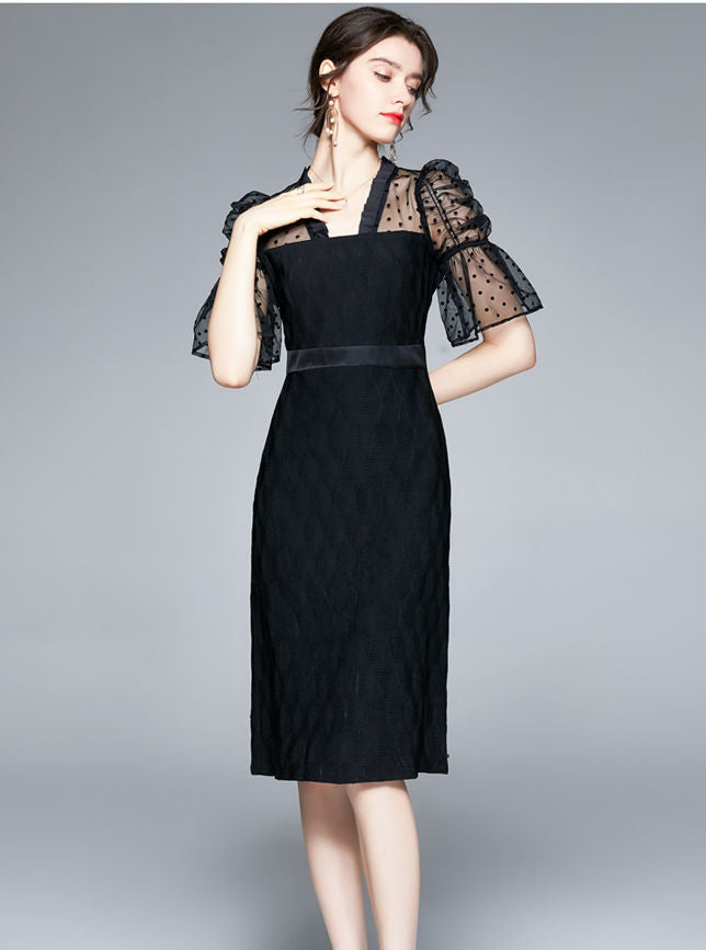 CM-DF071117 Women Retro European Style High Waist Dots Puff Sleeve Splicing Slim Dress - Black