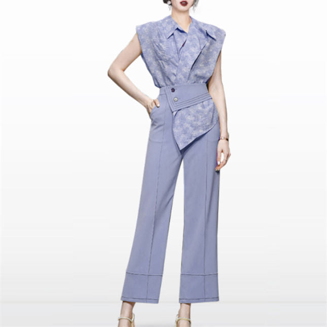 CM-SF071208 Women Elegant European Style Shirt Collar Floral Blouse With Long Pants - Set