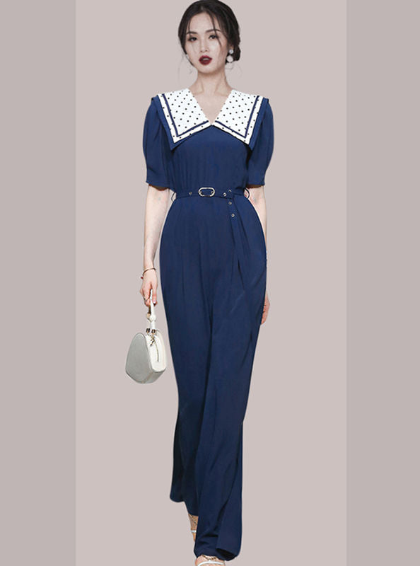 CM-JF071310 Women Casual European Style Dots Doll Collar High Waist Wide-Leg Jumpsuit