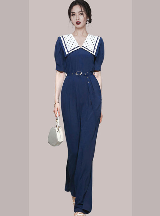 CM-JF071310 Women Casual European Style Dots Doll Collar High Waist Wide-Leg Jumpsuit