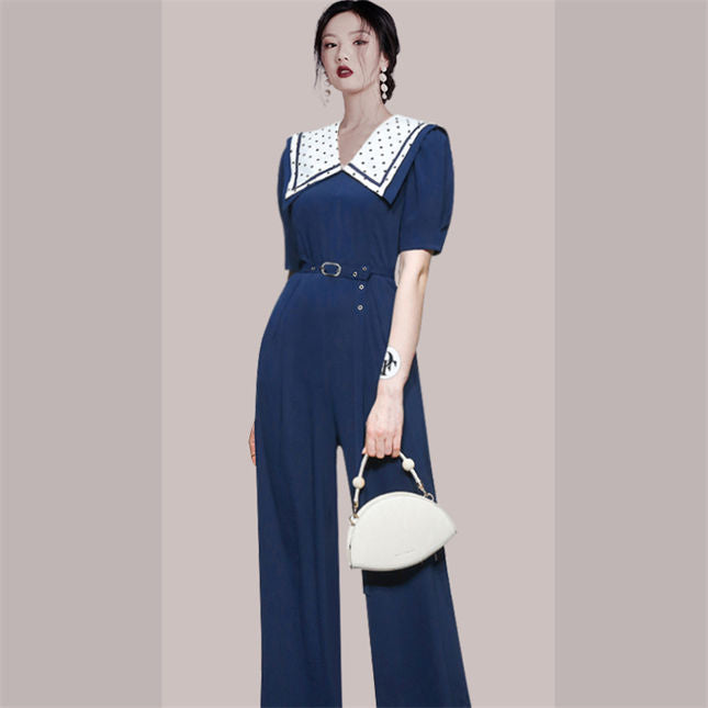 CM-JF071310 Women Casual European Style Dots Doll Collar High Waist Wide-Leg Jumpsuit