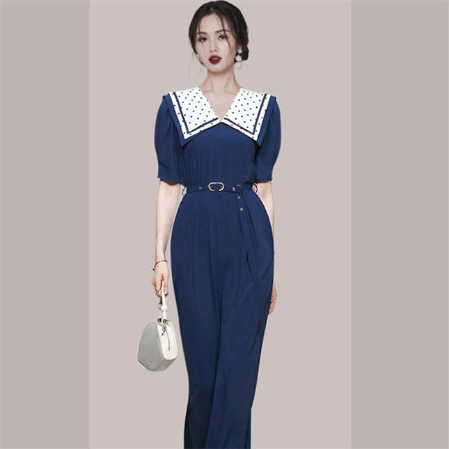 CM-JF071310 Women Casual European Style Dots Doll Collar High Waist Wide-Leg Jumpsuit