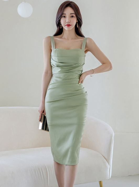 CM-DF071317 Women Casual Seoul Style Pleated Fitted Waist Slim Straps Dress
