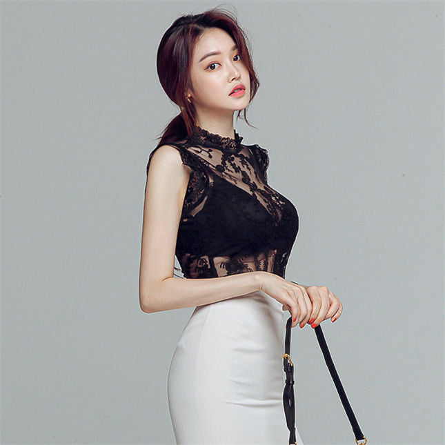 CM-SF071318 Women Charming Seoul Style Transparent Lace Blouse With Slim Midi Skirt - Set