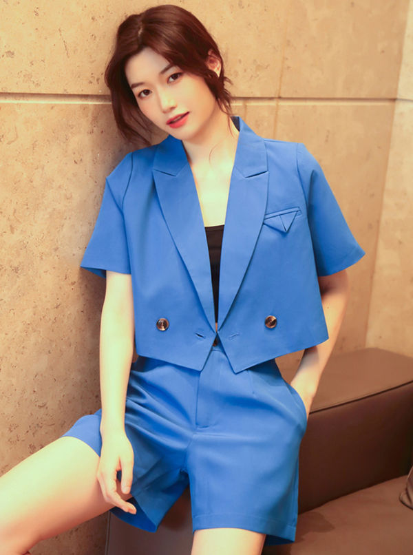 CM-SF071415 Women Casual Seoul Style Tailored Collar Two Piece  Short Suits - Blue