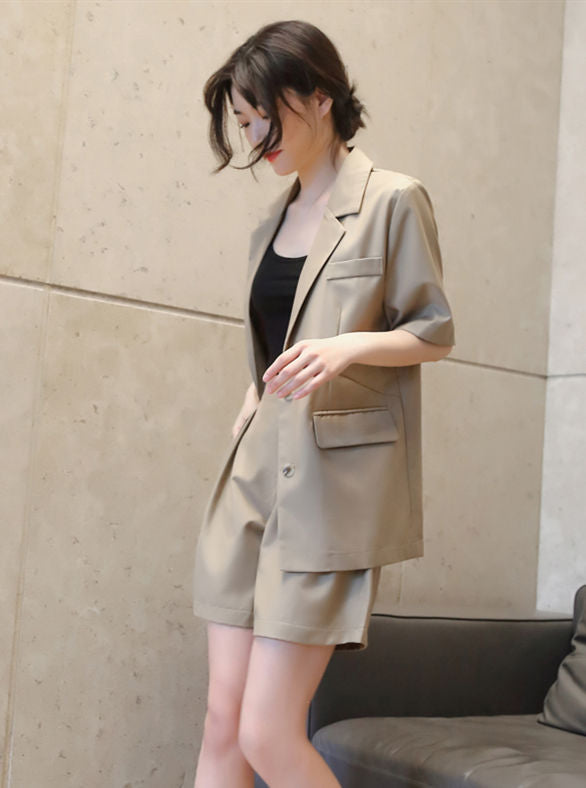 CM-SF071417 Women Retro Seoul Style Single-Breasted Tailored Collar Short Suits - Khaki