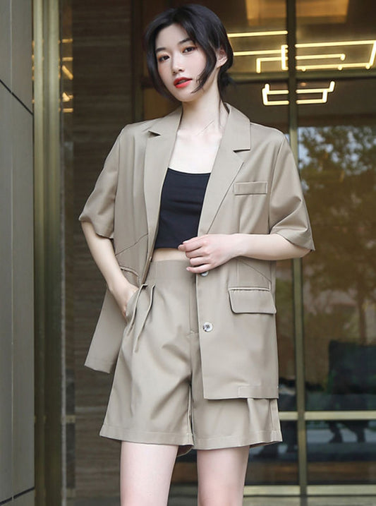 CM-SF071417 Women Retro Seoul Style Single-Breasted Tailored Collar Short Suits - Khaki