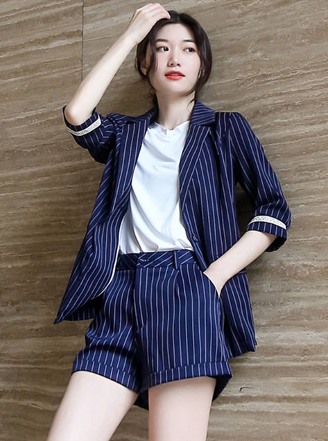 CM-SF071418 Women Casual Seoul Style Tailored Collar Stripes Two Pieces Suits - Navy Blue