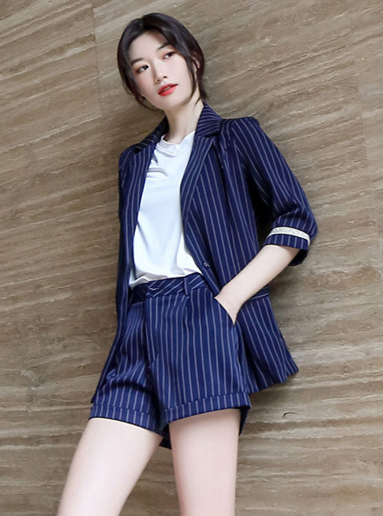 CM-SF071418 Women Casual Seoul Style Tailored Collar Stripes Two Pieces Suits - Navy Blue