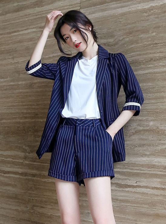 CM-SF071418 Women Casual Seoul Style Tailored Collar Stripes Two Pieces Suits - Navy Blue