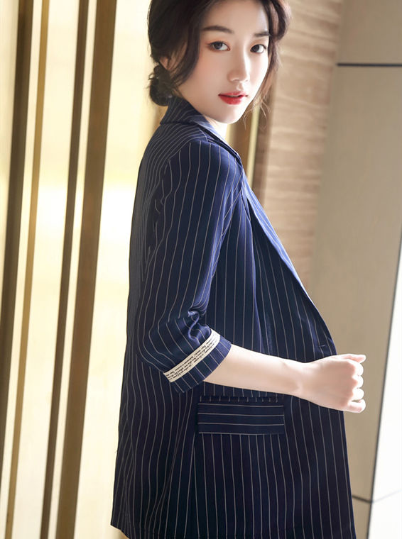 CM-SF071418 Women Casual Seoul Style Tailored Collar Stripes Two Pieces Suits - Navy Blue