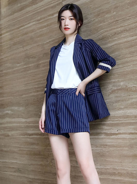 CM-SF071418 Women Casual Seoul Style Tailored Collar Stripes Two Pieces Suits - Navy Blue