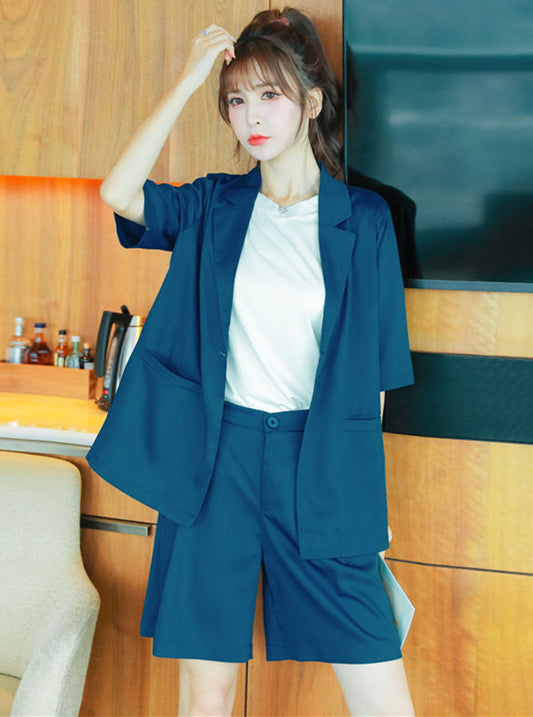 CM-SF071420 Women Casual Seoul Style Tailored Collar Pockets Jacket With Short Pants - Set