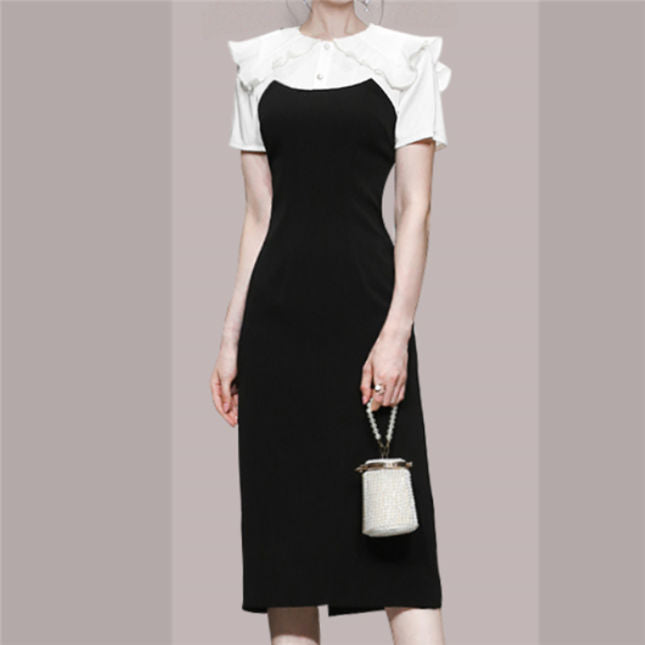 CM-DF071608 Women Elegant Seoul Style Color Block Flouncing Shoulder Bodycon Dress