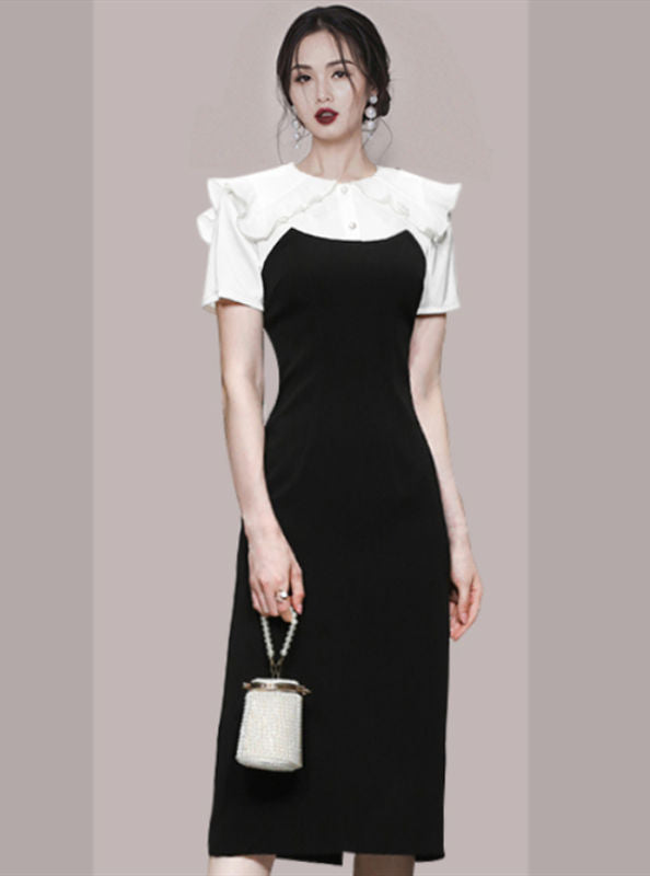 CM-DF071608 Women Elegant Seoul Style Color Block Flouncing Shoulder Bodycon Dress