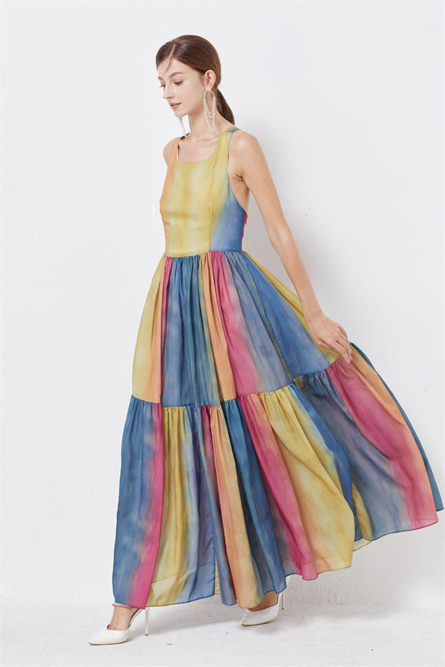 CM-DF071819 Women Casual Seoul Style High Waist Rainbow Stripes Backless Maxi Dress