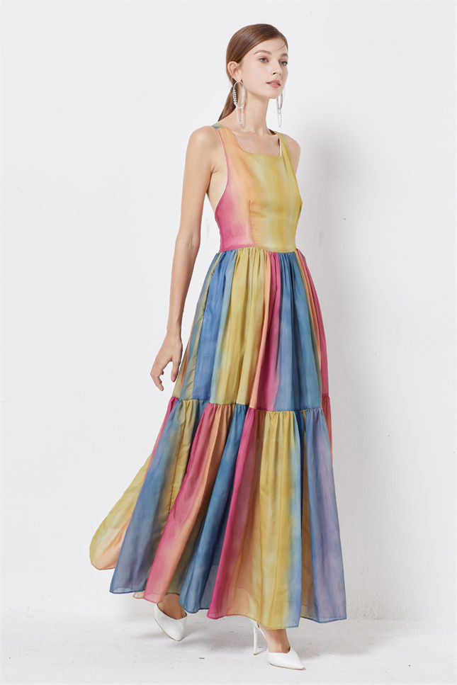 CM-DF071819 Women Casual Seoul Style High Waist Rainbow Stripes Backless Maxi Dress
