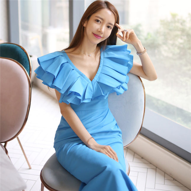 CM-DF072402 Women Elegant Seoul Style V-Neck Pleated Flouncing Collar Slim Long Dress - Blue