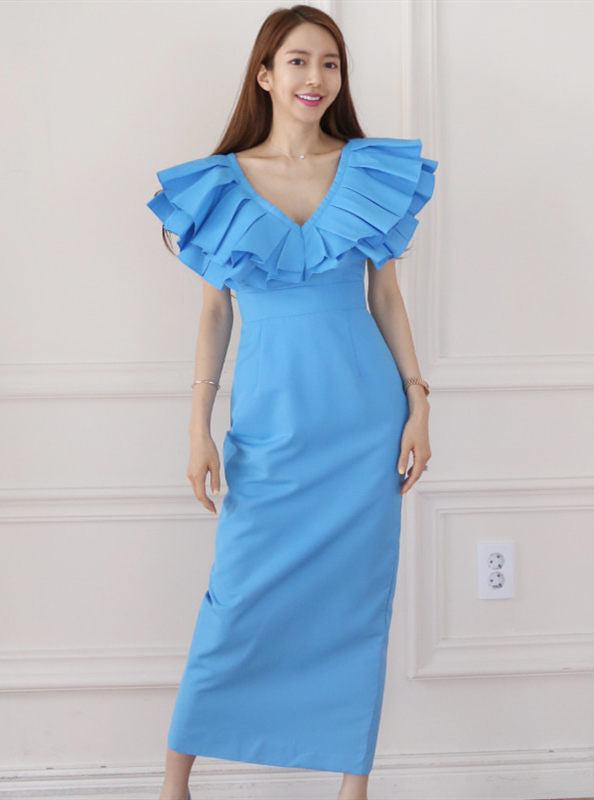 CM-DF072402 Women Elegant Seoul Style V-Neck Pleated Flouncing Collar Slim Long Dress - Blue