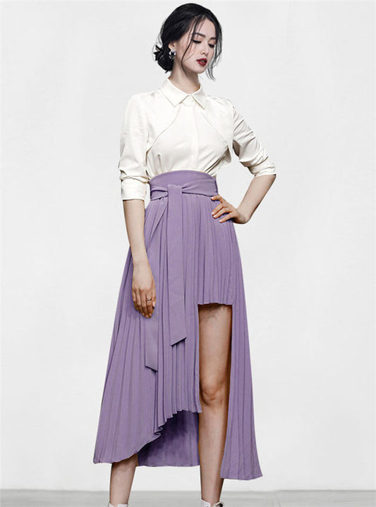 CM-SF072414 Women Elegant European Style Shirt Collar Pleated Flouncing Dress Set