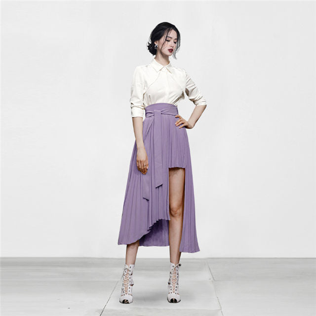 CM-SF072414 Women Elegant European Style Shirt Collar Pleated Flouncing Dress Set