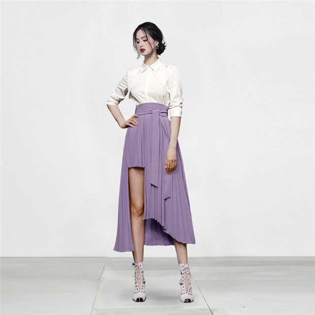 CM-SF072414 Women Elegant European Style Shirt Collar Pleated Flouncing Dress Set