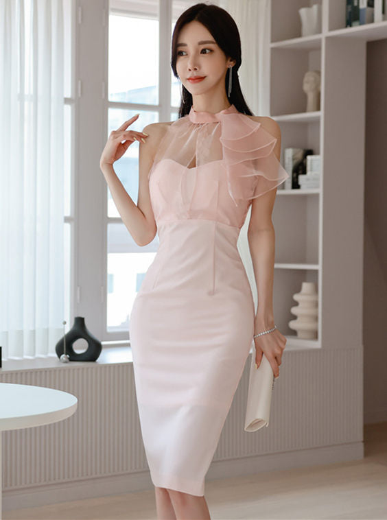 CM-DF072418 Women Charming Seoul Style Gauze Flouncing Collar Off Shoulder Slim Dress - Pink