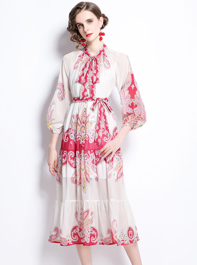 CM-DF073006 Women Elegant European Style Tie Waist Floral Puff Sleeve Long Dress
