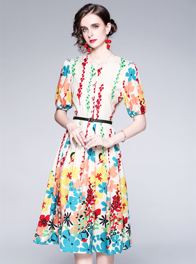 CM-DF073015 Women Elegant European Style V-Neck Floral Puff Sleeve Long Dress