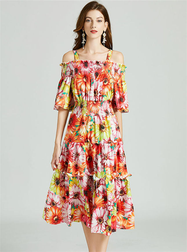 CM-DF080402 Women Casual European Style Elastic Waist Off Shoulder Floral Dress