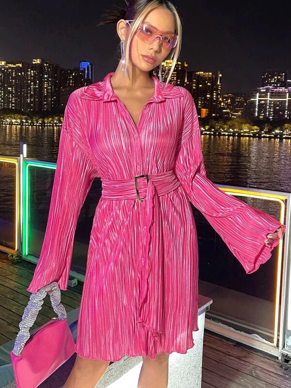 CM-DS384177 Women Elegant Seoul Style Drop Shoulder Belted Shirt Dress