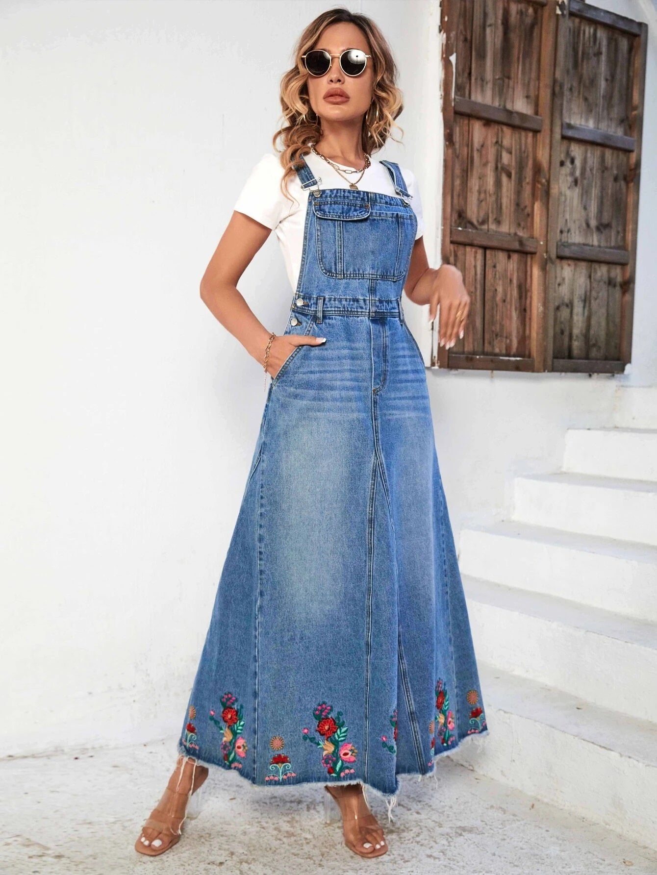 CM-DS652111 Women Preppy Seoul Style Light Wash Floral Embroidery Flap Pocket Denim Dress