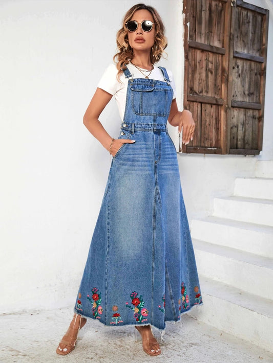 CM-DS652111 Women Preppy Seoul Style Light Wash Floral Embroidery Flap Pocket Denim Dress