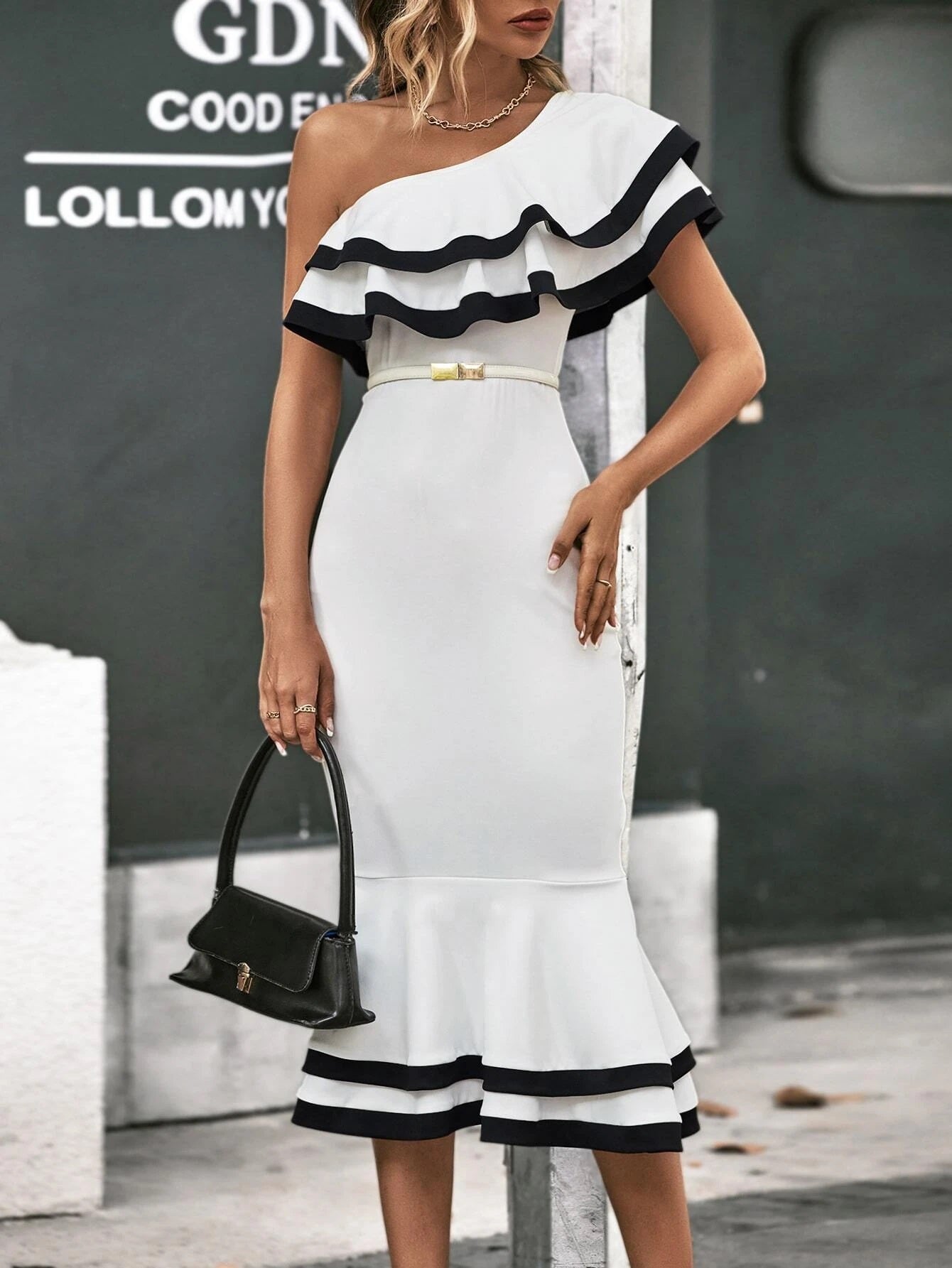 CM-DS195556 Women Elegant Seoul Style One Shoulder Ruffle Trim Mermaid Hem Dress