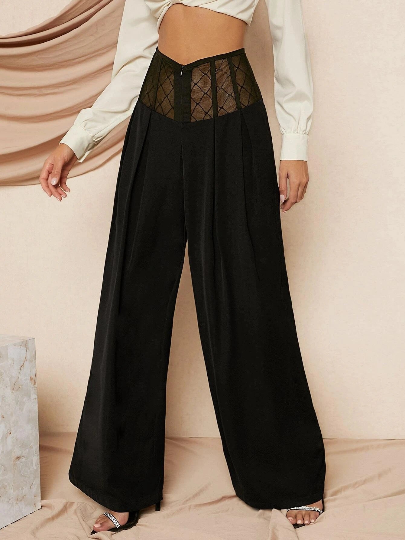 CM-BS315674 Women Elegant Seoul Style High Waist Contrast Mesh Wide Leg Pants - Black