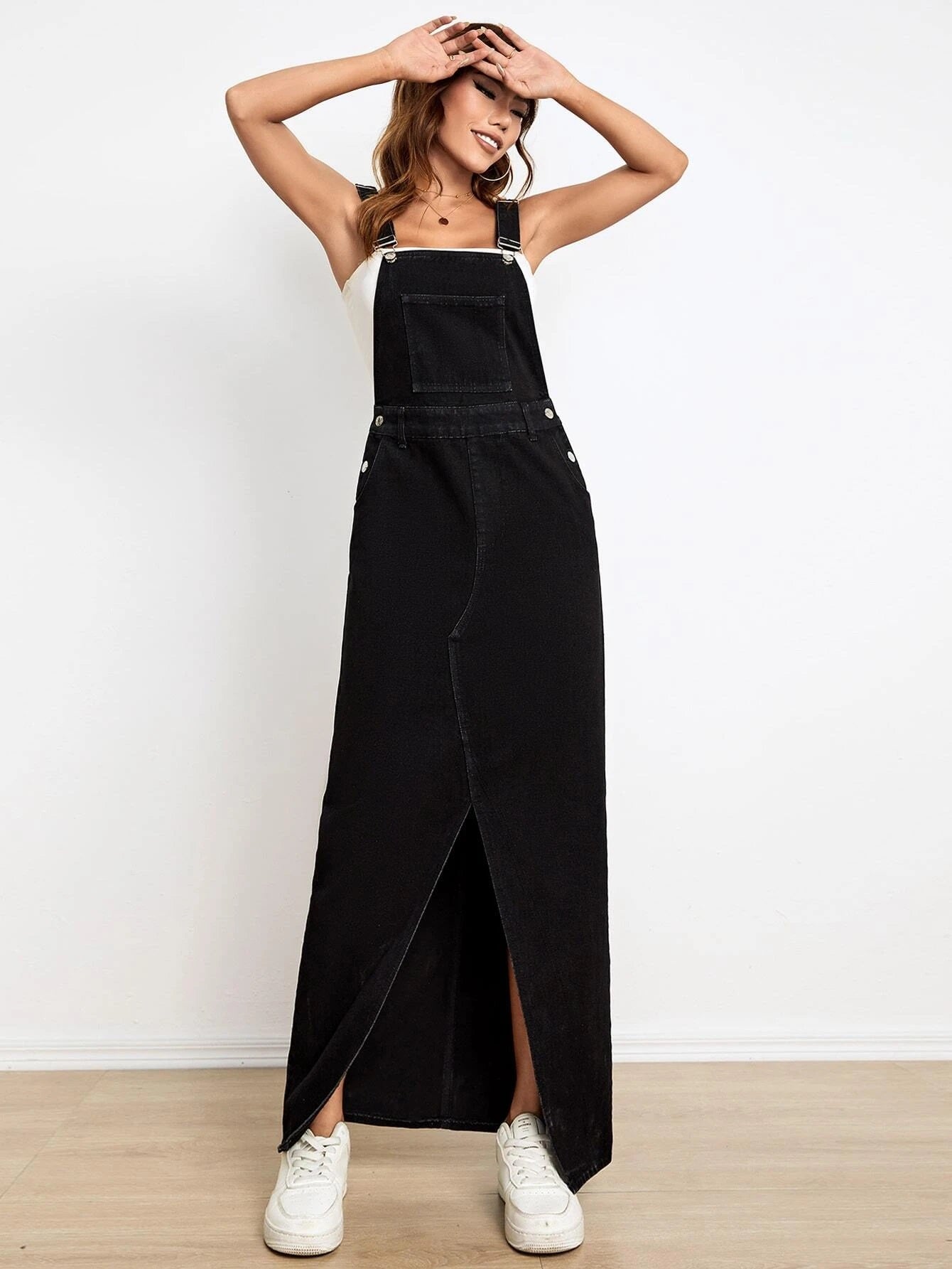 CM-DS883532 Women Preppy Seoul Style Slant Pocket Split Thigh Denim Overall Dress - Black