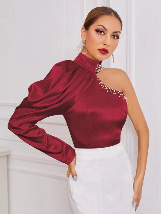 CM-TS077643 Women Elegant Seoul Style Satin Leg-of-mutton Sleeve Pearls Blouse - Burgundy
