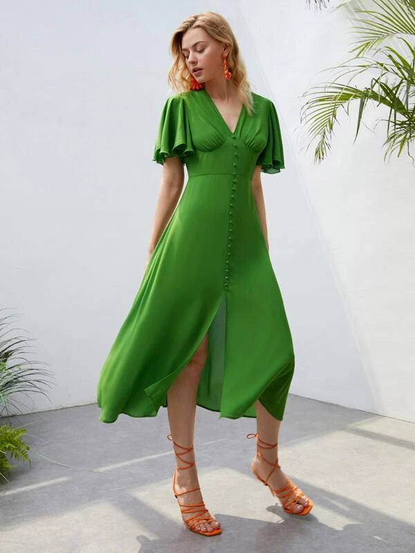 CM-DS370021 Women Trendy Bohemian Style Butterfly Sleeve Fake Button Split Hem Dress - Green