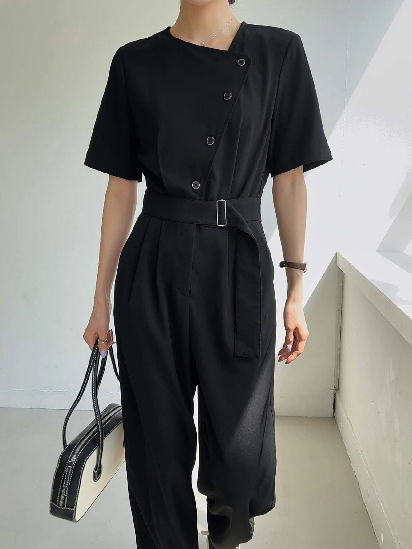 CM-JS205721 Women Casual Seoul Style Solid Button Front Slant Pocket Buckle Jumpsuit