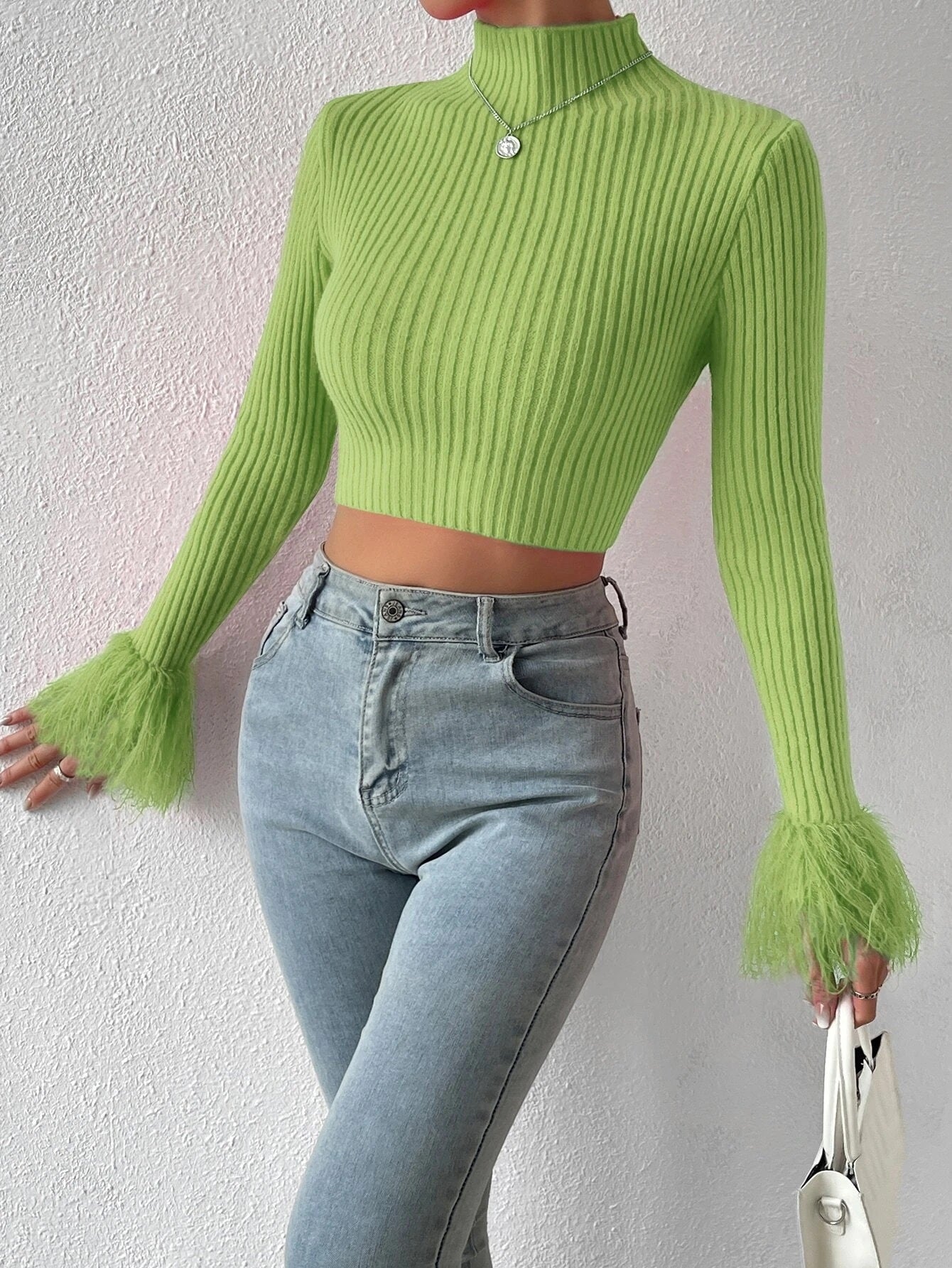 CM-CS378661 Women Casual Seoul Style Mock Neck Fuzzy Cuff Crop Sweater - Green