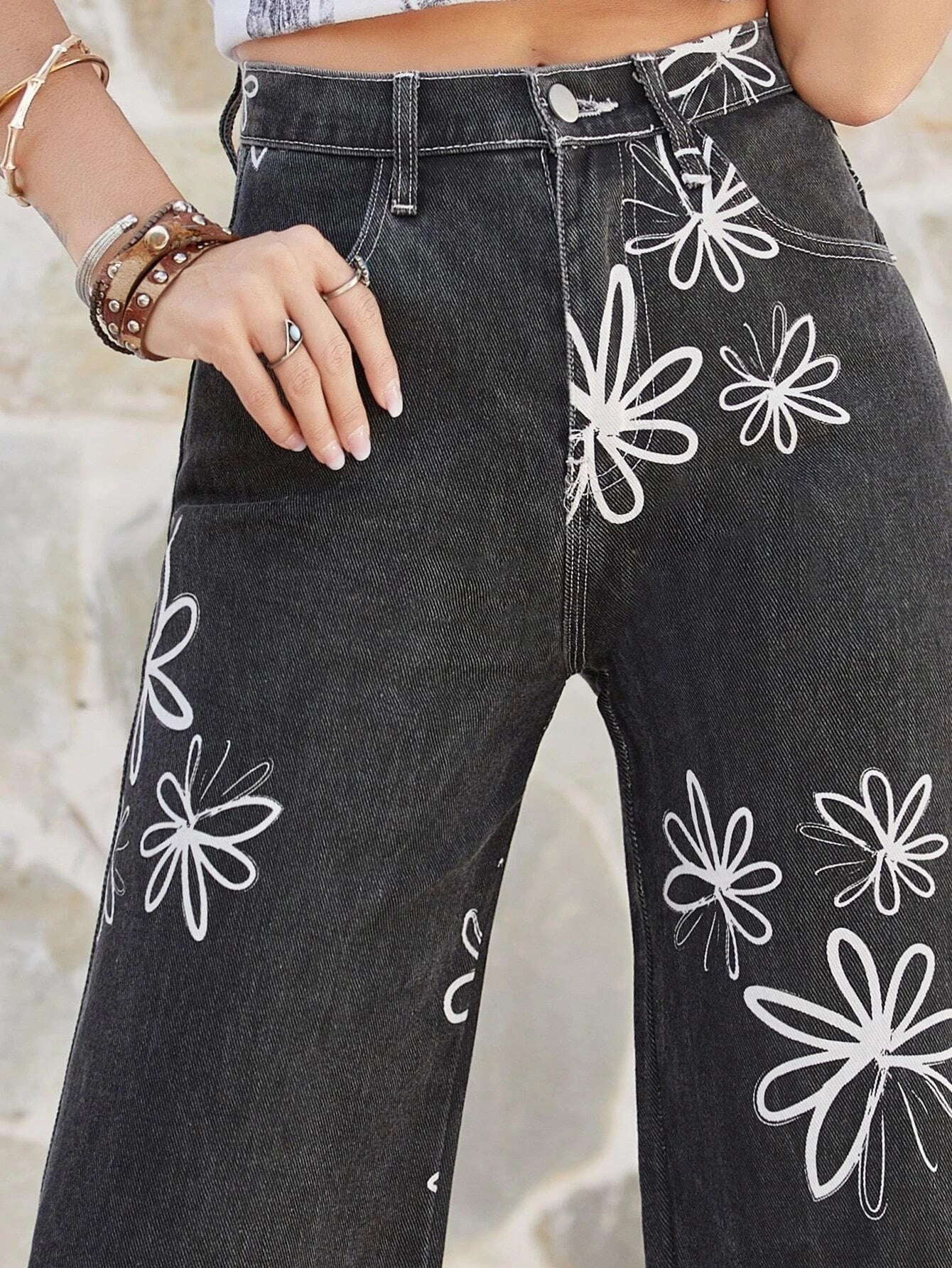 CM-BS567205 Women Casual Seoul Style High Waist Floral Print Wide Leg Jeans - Black