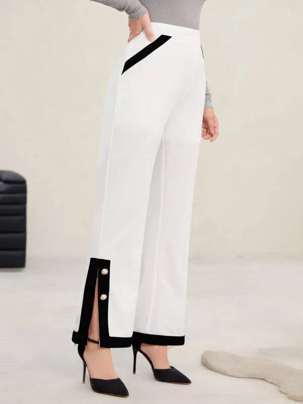 CM-BS043434 Women Elegant Seoul Style Contrast Panel Button Detail Wide Leg Pants