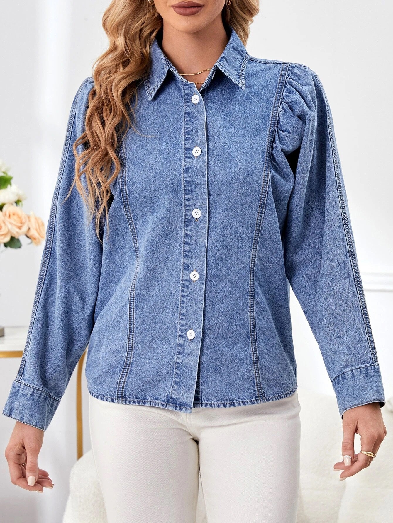 CM-TS686972 Women Casual Seoul Style Medium Wash Puff Sleeve Button Front Denim Shirt