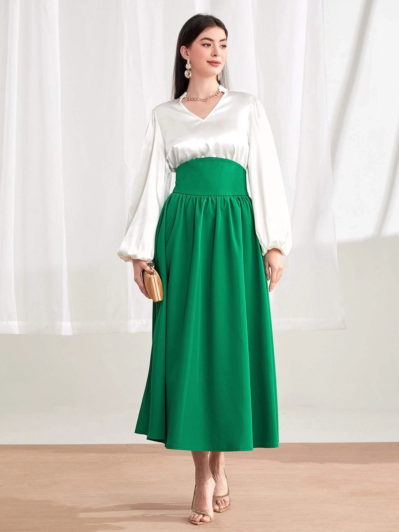 CM-BS076871 Women Elegant Seoul Style Wide Waistband Flare Skirt - Green