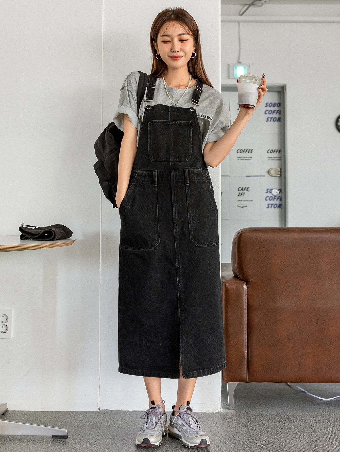 CM-DS418881 Women Preppy Seoul Style Slant Pockets Slit Front Denim Overall Dress - Black