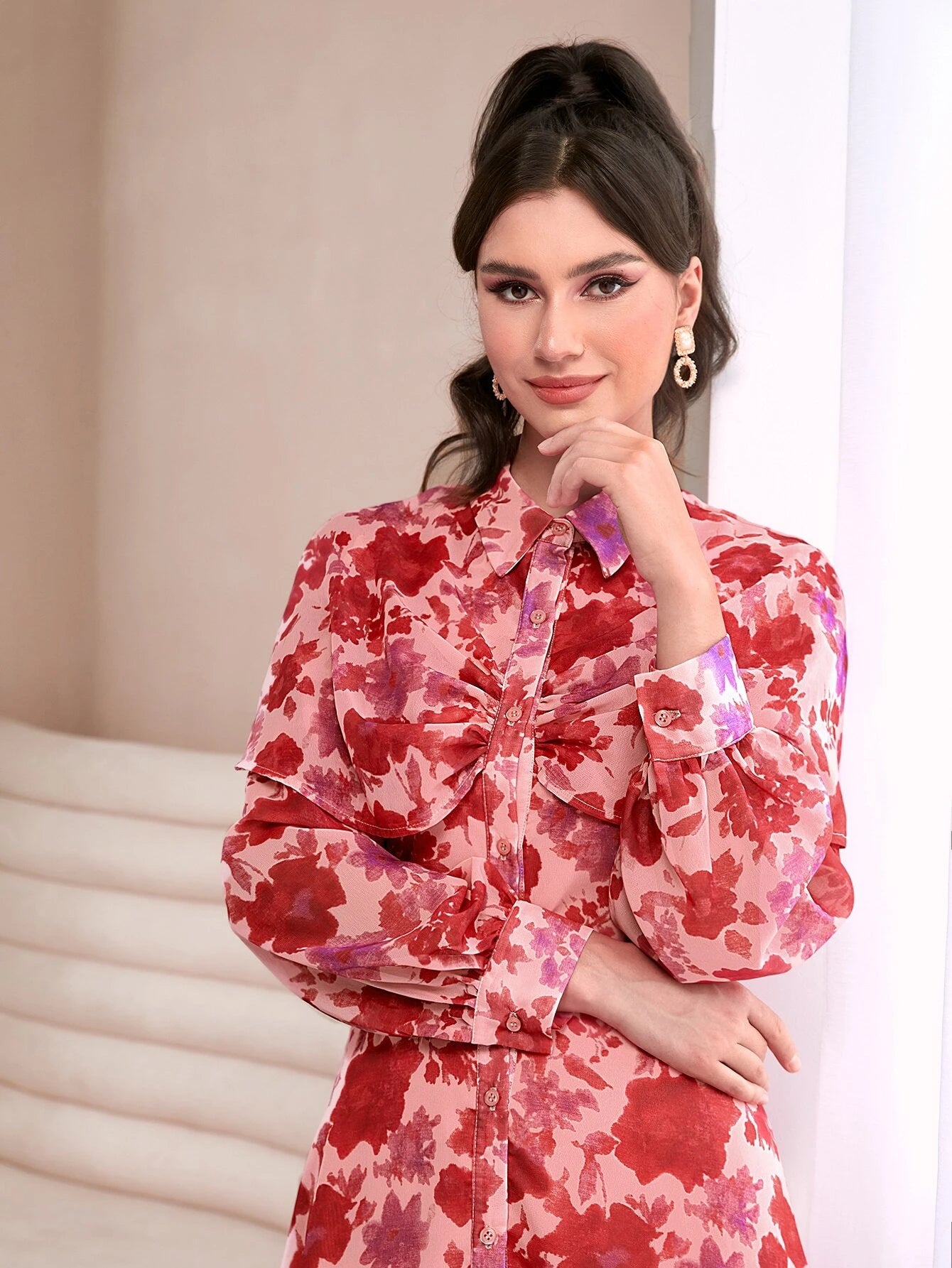 CM-DS851011 Women Elegant Seoul Style Allover Floral Print Tie Neck Bishop Sleeve Dress